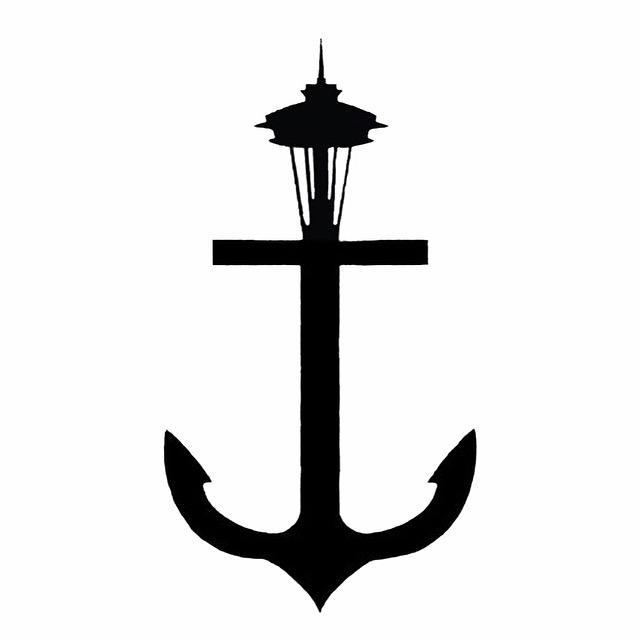 Black anchor and Space Needle symbol on a white background.