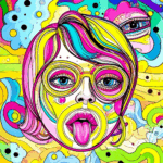 All Over the Place, AI-generated self-portrait in vivid neon colors with oversized glasses and surreal facial features