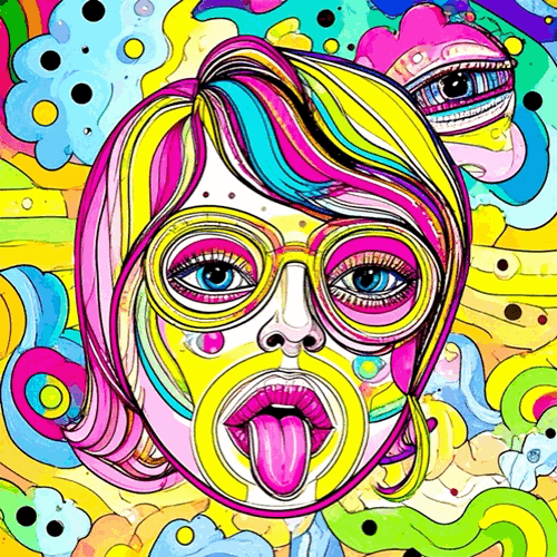 All Over the Place, AI-generated self-portrait in vivid neon colors with oversized glasses and surreal facial features