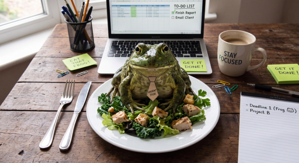 Eat the Frog productivity concept image showing a frog labeled as an urgent task on a plate in a workspace with a laptop, to-do list, and focus notes.