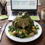 Eat the Frog productivity concept image showing a frog labeled as an urgent task on a plate in a workspace with a laptop, to-do list, and focus notes.