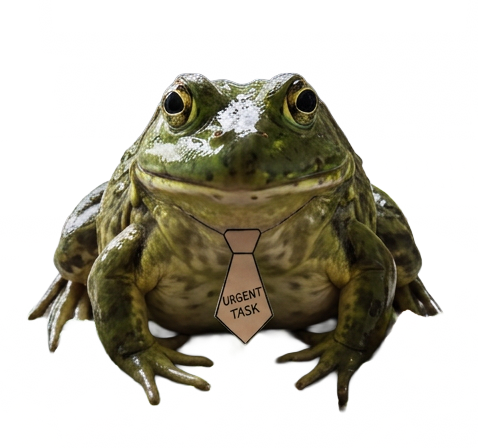 Frog wearing an urgent task tag to represent the Eat the Frog productivity method and prioritizing the most important task first.
