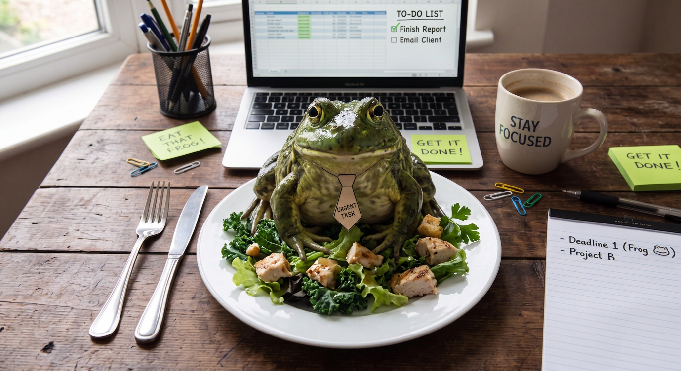 Eat the Frog productivity concept image showing a frog labeled as an urgent task on a plate in a workspace with a laptop, to-do list, and focus notes.