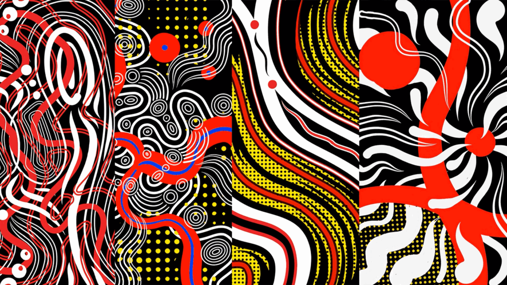 Abstract black, white, red, yellow, and blue artwork with flowing lines and circular forms representing a six-month reflection on writing, personal goals, and creative practice.