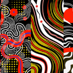 Abstract black, white, red, yellow, and blue artwork with flowing lines and circular forms representing a six-month reflection on writing, personal goals, and creative practice.