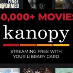 Promotional graphic for Kanopy reading “30,000+ Movies” and “Streaming free with your library card,” surrounded by cropped film poster images.