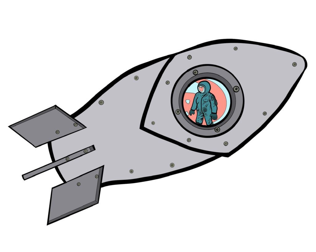 Simple cartoon illustration of a gray rocket ship with an astronaut visible through a round window.