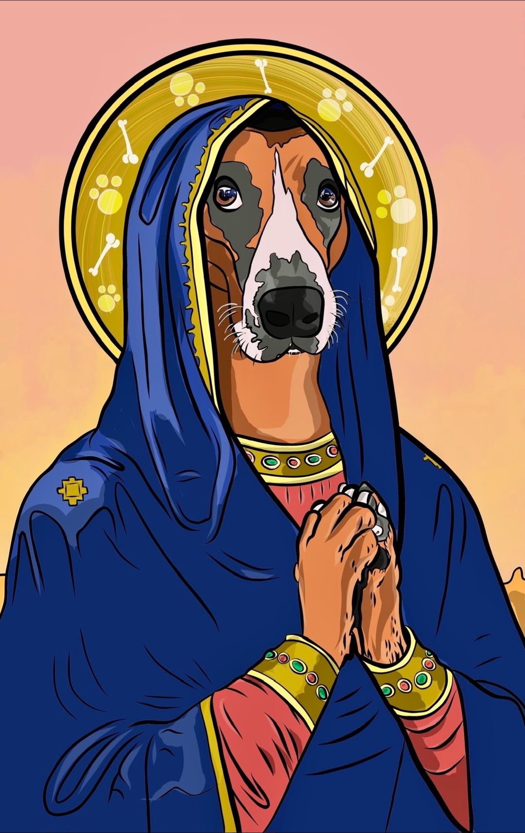 Stylized illustration of a dog depicted as a saint, wearing a blue robe and halo with paws clasped in prayer.