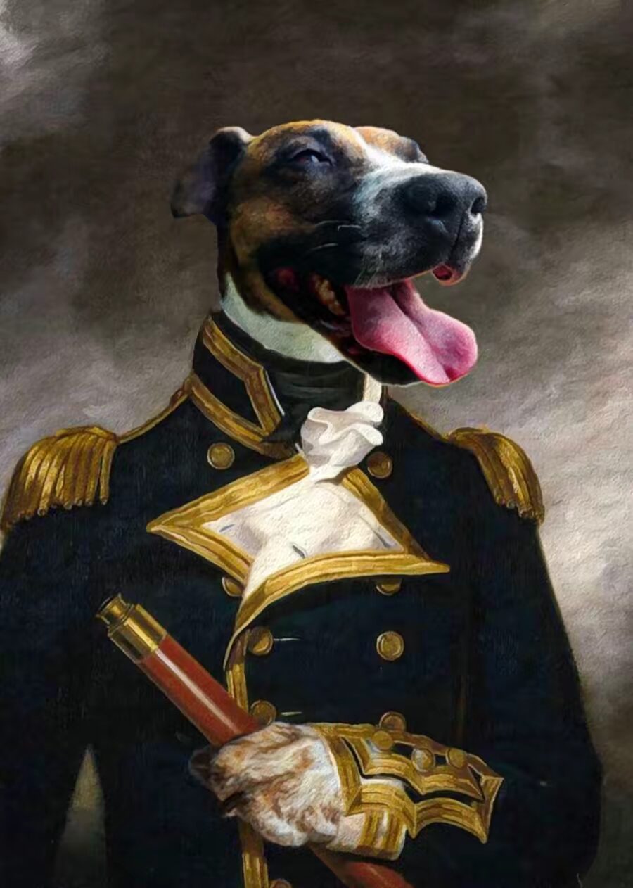 Humorous portrait of a dog dressed as a naval officer in a classical painting style.