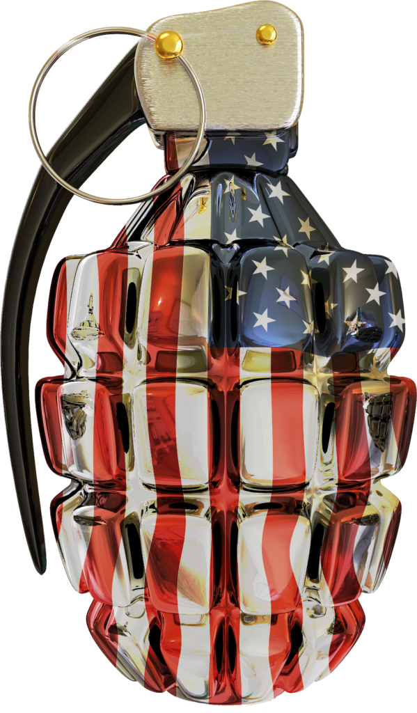 The State of Things art piece showing a glass grenade with an American flag design