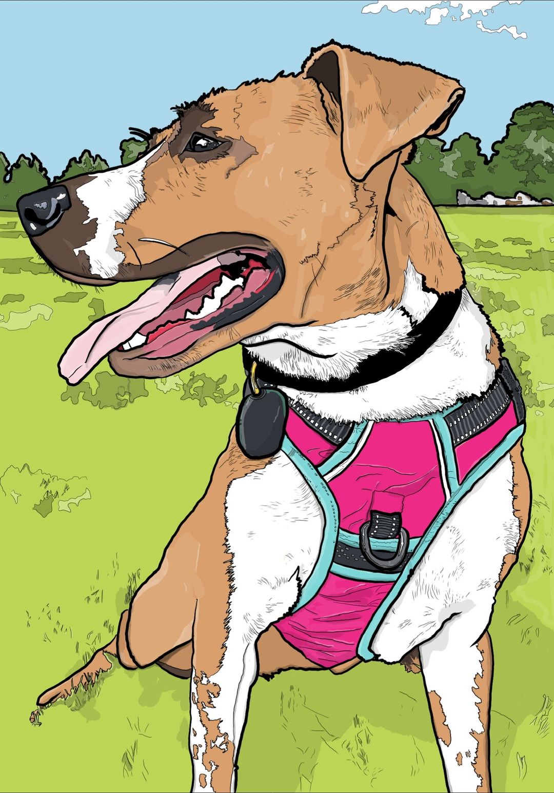 Stylized portrait of a tan and white dog wearing a bright pink harness while sitting in a grassy field.