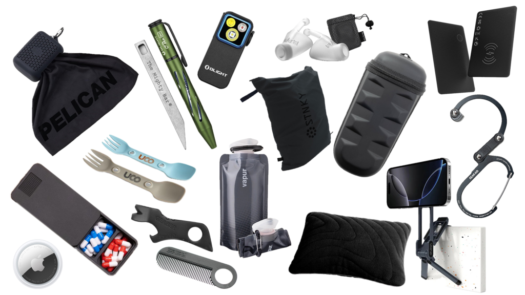 Travel and creative work gear arranged for a post about the tools regularly used on the road.